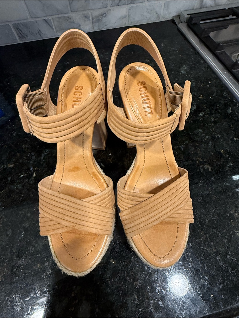 SCHUTZ Tan Suede Crisscross Platform Sandals